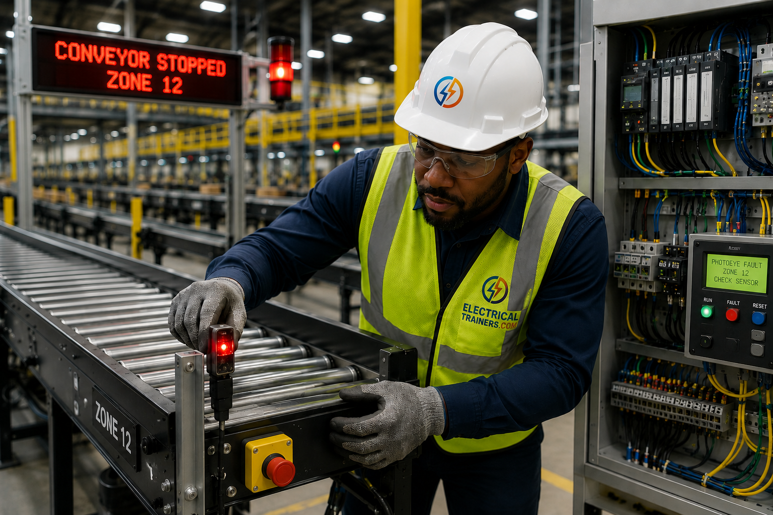 Technician troubleshooting conveyor sensor