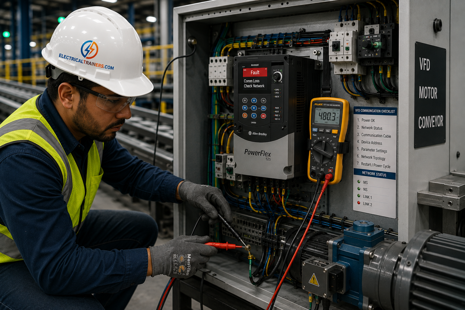 Technician troubleshooting VFD communication fault